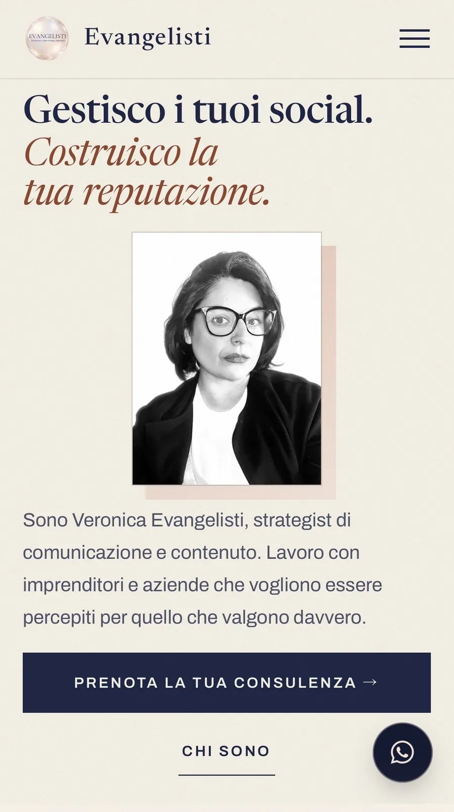 Il nuovo sito di Evangelisti: editoriale e sobrio, con ritratto e invito alla consulenza