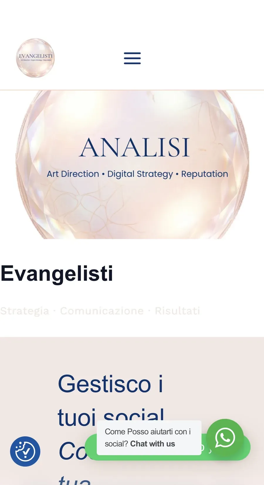Il vecchio sito di Evangelisti: immagini enormi e pop-up di chat che coprivano il messaggio