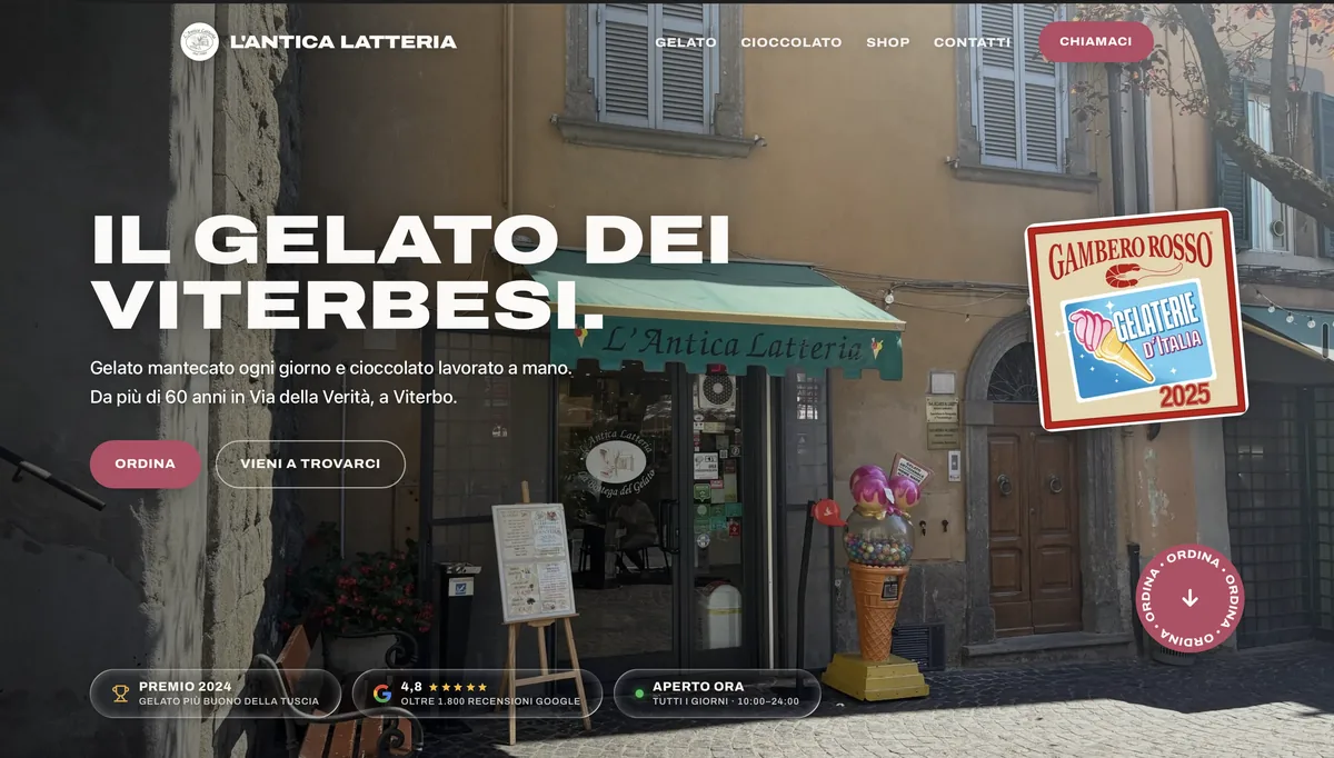 Il nuovo sito de L'Antica Latteria: la gelateria in apertura, con recensioni, premi e il pulsante per ordinare